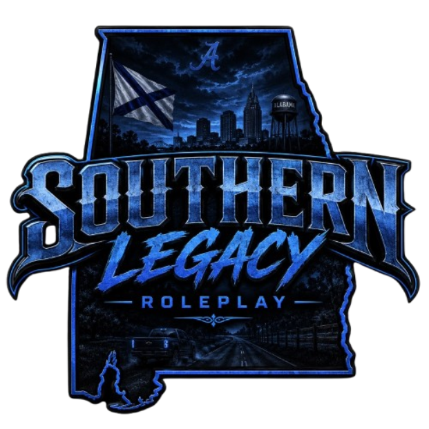 Southern Legacy Roleplay emblem — Alabama state outline with city skyline and pickup truck on a dirt road